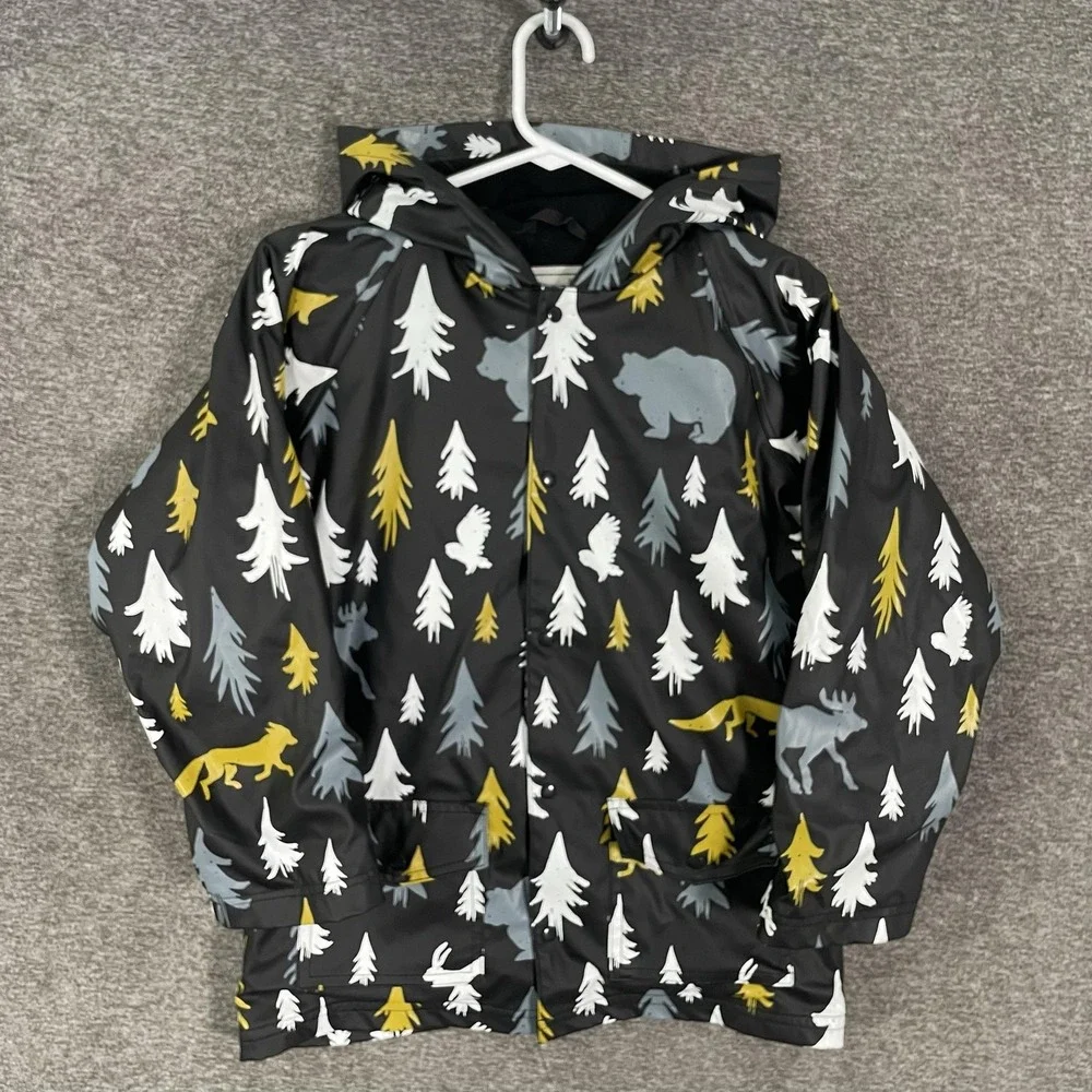 Oaki Rain Coat Youth 10 Black Woodland Animal Print Hooded Snap Jacket